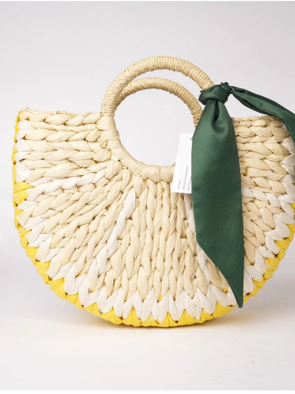 Target Braided Straw Half-Moon Tote with Yellow Trim and Green Scarf